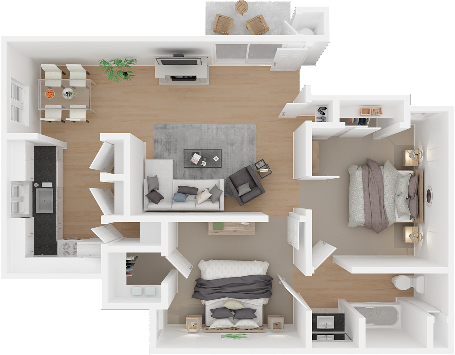 Floor plan for 2 beds, 1 bath, 739 sqft